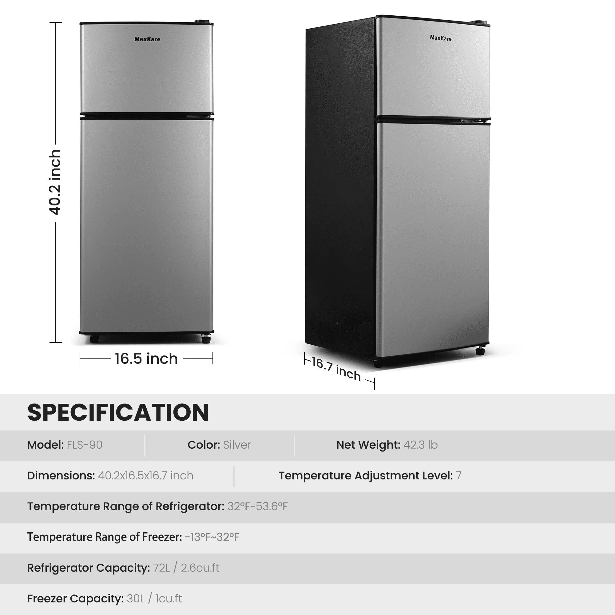 MaxKare 3.6 Cu.ft Mini Fridge with Freezer 2-Door Compact Refrigerator for Dorm, Office, Bar, RV, Bedroom, Silver