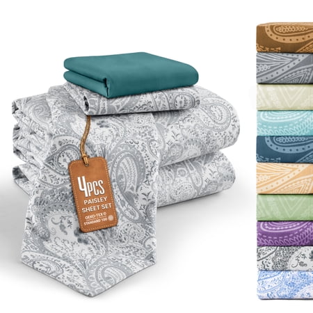 Lux Decor 4 Piece Twin Bed Sheet Set - Paisley Printed Microfiber Sheets Ultra Soft Deep Pocket Wrinkle-Free Breathable OEKO-TEX Certified - Twin White Grey