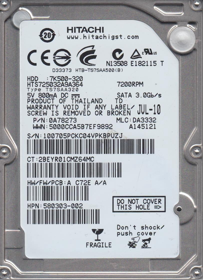 HGST hts545050?a7e362?P/N : 0j34245?MLC : da5754?500?GB HGST 500GB