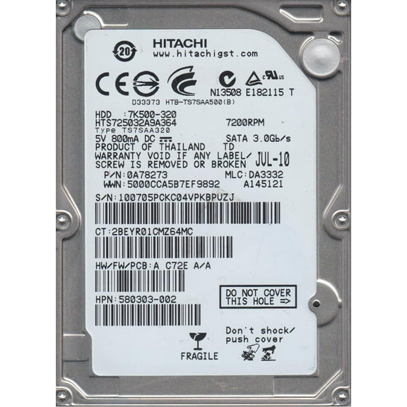 HTS725032A9A364, PN 0A78273, MLC DA3332, Hitachi 320GB SATA 2.5 Hard Drive