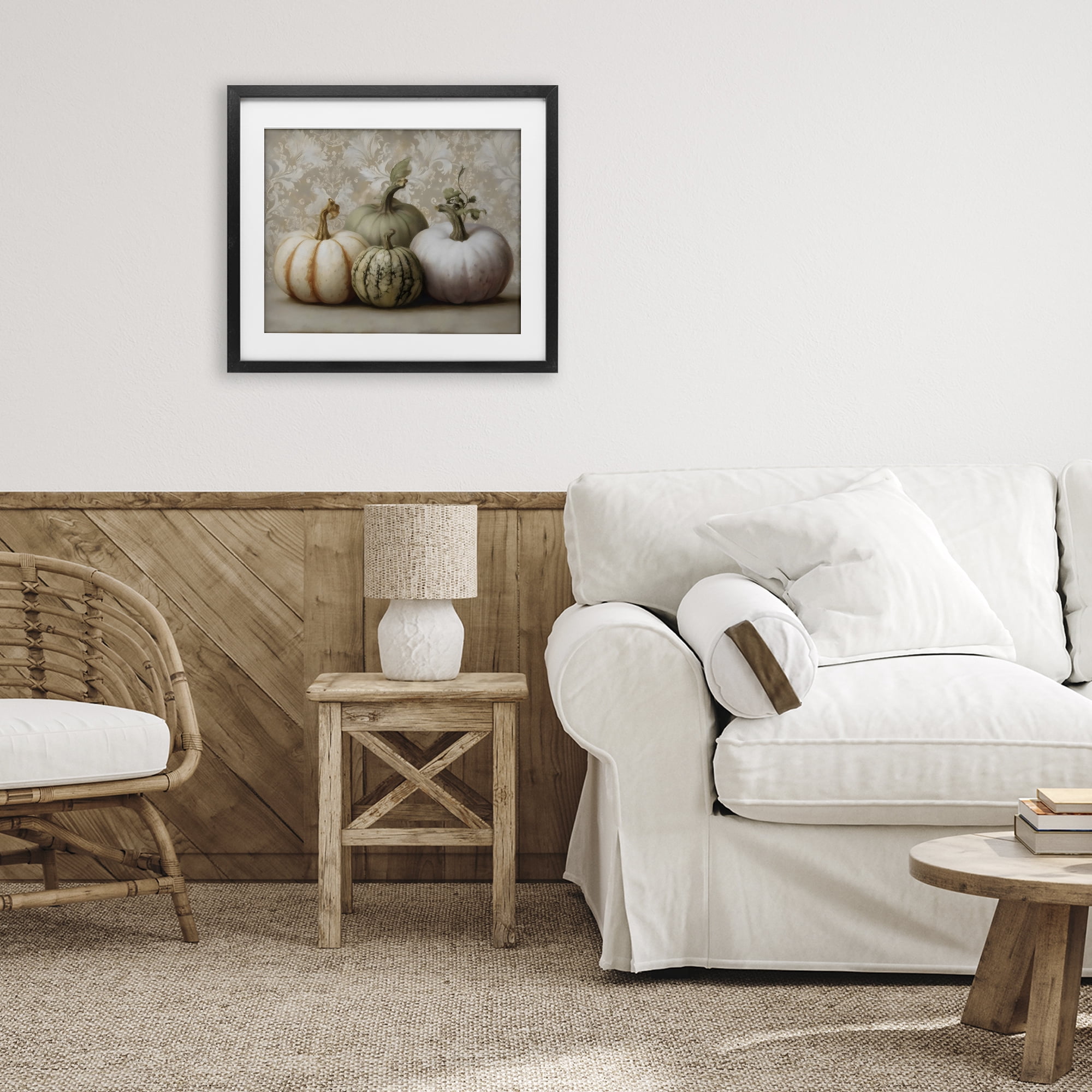 Stupell Industries Pastel Gourds on Vintage Pattern Black Framed Print Under Glass, design by Arlington Prints