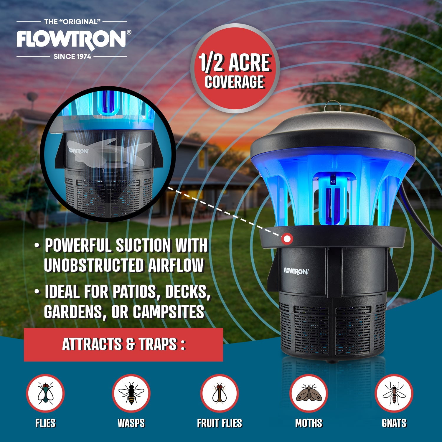 Flowtron UV Bug Trap, Powerful Fan Fly Killer, 1/2 Acre Coverage, Quiet Outdoor Insect Control