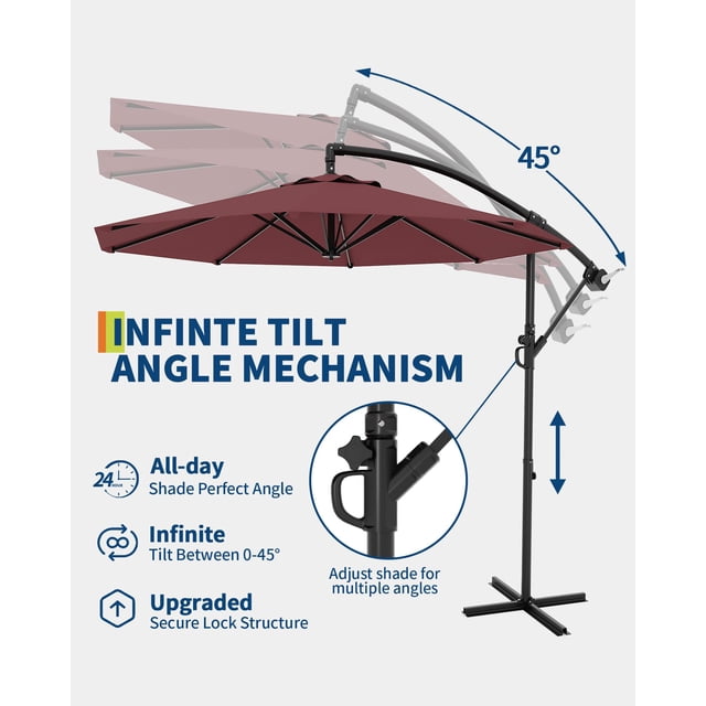 Parasol Déporté de Patio 10 Pi – Pare-Soleil Extérieur Robuste à 8 Baleines – Levage à Manivelle Facile, Inclinaison Réglable – Protection UV, Imperméable – Idéal pour Cour Arrière, Piscine, Jardin, Terrasse – Bordeaux