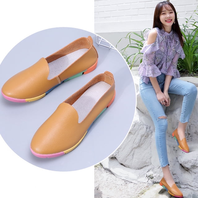 Cameland Chaussures en Cuir à Bout Rond, Talon Plat, Contraste, Chaussures Simples pour Femmes, Imperméables