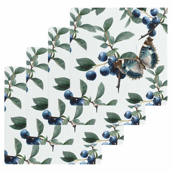 Blueberry Spring Leaves Kitchen Dish Towels for Drying Dishes Set of 4, Farmhouse Botanical Branches Waffle Weave Microfiber Hand Tea Bathroom Towels Quick Dry & Absorbent Towel 12x12