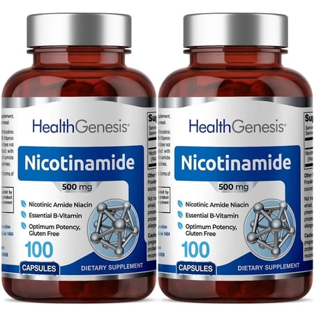 Health Genesis B-3 Nicotinamide 500 mg 100 Caps 2 Pack - Nicotinic Amide Niacin Natural Flush-Free Vitamin Formula - Supports Skin Cell Health