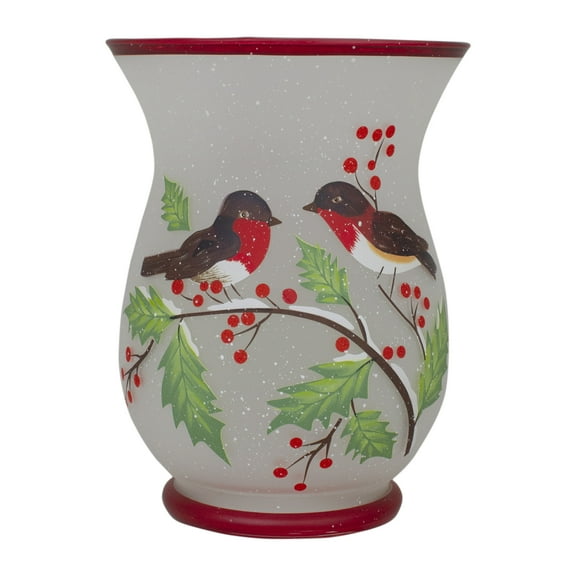 Northlight 8" Hand Painted Finches and Pine Glass Christmas Candle Holder
