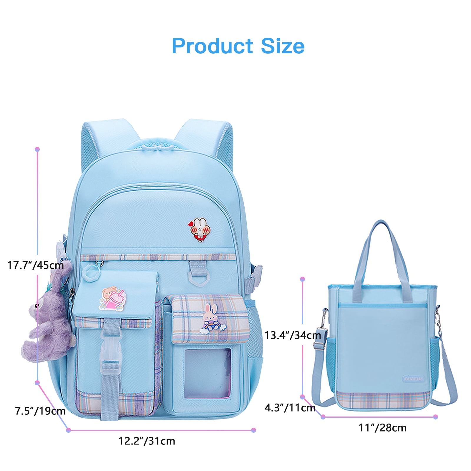 Kadyn Travel Backpacks, Cute Bookbag for Teen, Multifunctional School Durable Schoolbag with Lina Bell, 3 Decorative Cards and Lunch Bag, Blue