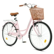 Viribus 26 Inch City Cruiser Bicycle with Carbon Steel Frame Dual V Brakes Basket, Pink