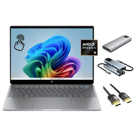 HP OmniBook Ultra 2024 Copilot+ PC, 14" 2.2K 400nits Touchscreen, 10-Core Ryzen AI 9 365 NPU, Radeon 880M GPU (beats RTX 2050), 32GB RAM, 1TB SSD+256GB Portable SSD Hub, Backlit KB, FP Reader, Win 11