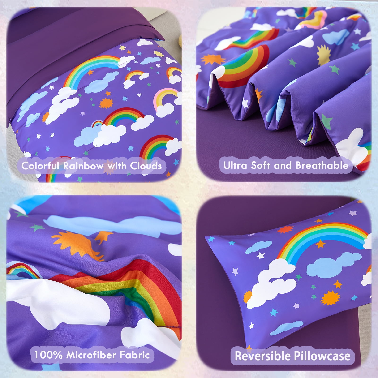ZRNBAST 4 Piece Toddler Comforter Set for Girls, Soft Colorful Rainbow Clouds Printed Bedding Set, Purple