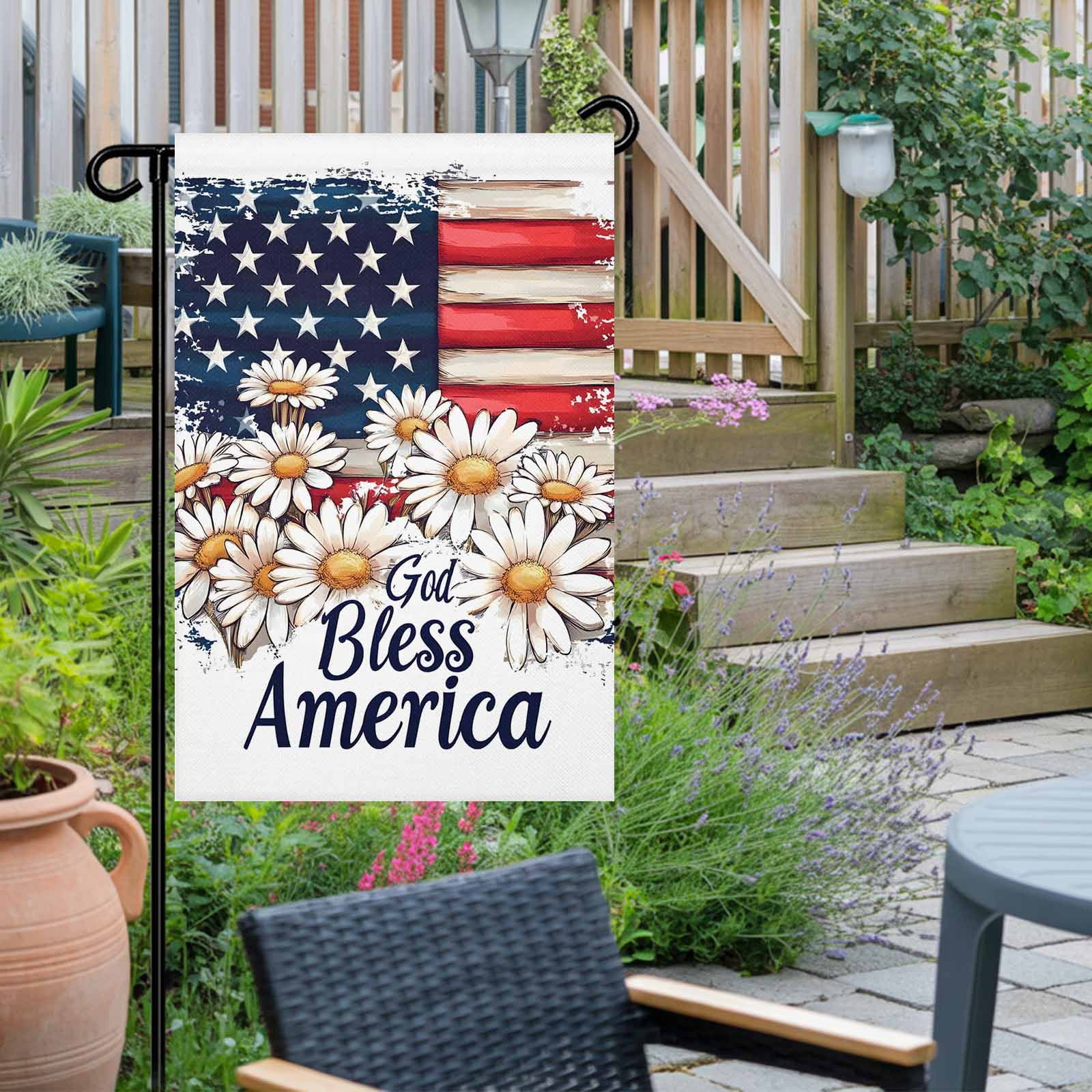 4th of July Garden Flags Retro Patriotic USA Flag Garden Flag Double Sided Welcome Flag Daisy Floral Independence Day Yard Flags for Outdoor Lawn Porch Memorial Day Seasonal Holiday Decor 28x40 Inch