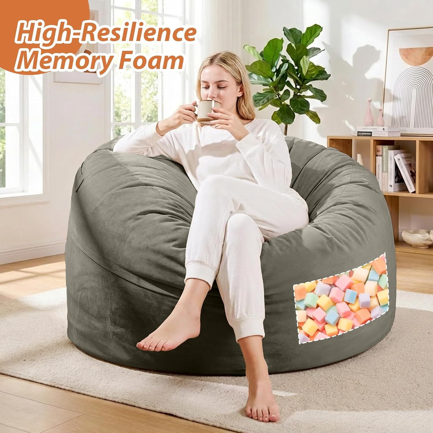 MOOSENG 4FT Bean Bag Chair, Comfy Bean Bag for Adults & Kids, Fluffy Large Bean Bag Sofa with Removable Cover & Side Pocket for Living Room, Gaming, Playroom