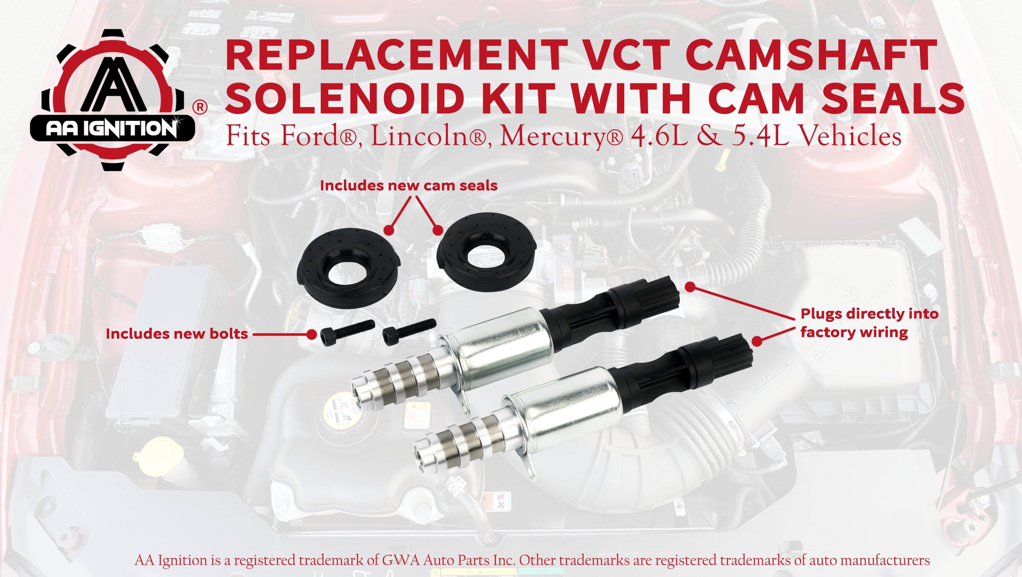 Camshaft Variable Valve Timing Solenoid VCT Replaces# 8L3Z-6M280-B Ford  Expedition, F150, Mustang, Sport Trac 3V 5.4L, 5.4, 4.6 2004, 2005, 2006,  2007, 2008  more Includes Solenoids  Cam Seal
