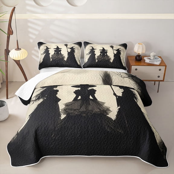 Homewish Western Witch Quilt King for Boys Girls, Vintage Spooky Halloween Moon King Coverlet Set, 3-Piece