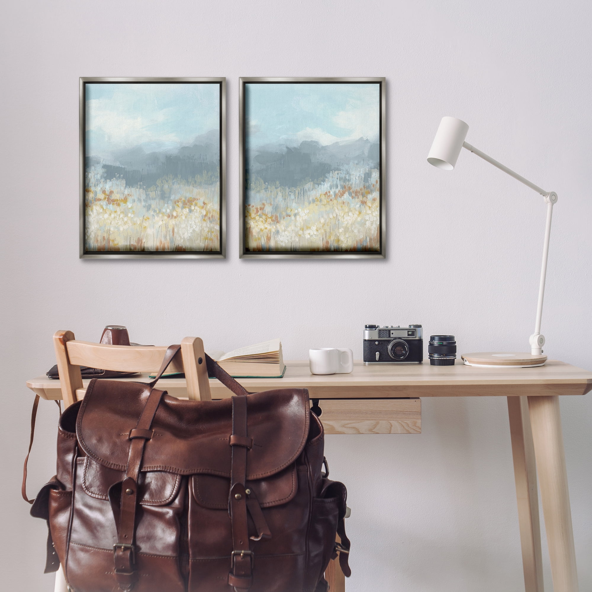 Stupell Industries White Flower Field Mountains Landscape & Nature Painting Gray Floater Framed Canvas Art Print Wall Art, 17 x 21, Set of 2