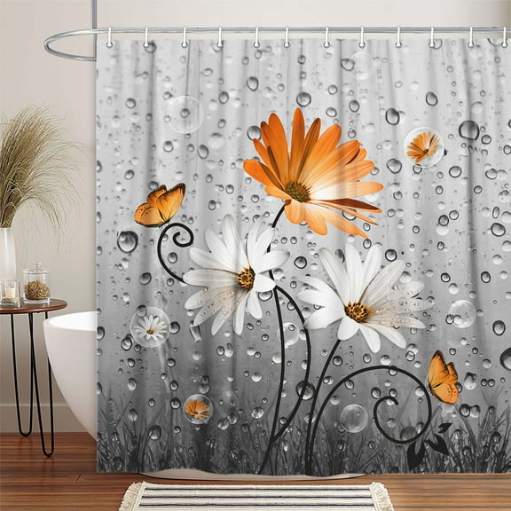 Rustic Farmhouse Orange Floral Shower Curtain, Farm Fall Daisy Flowers and Butterfly Shower Curtain for Bathroom, Country Yellow Red Gray Fabric Boho Shower Curtain with 12PCS Hooks, 70X70IN