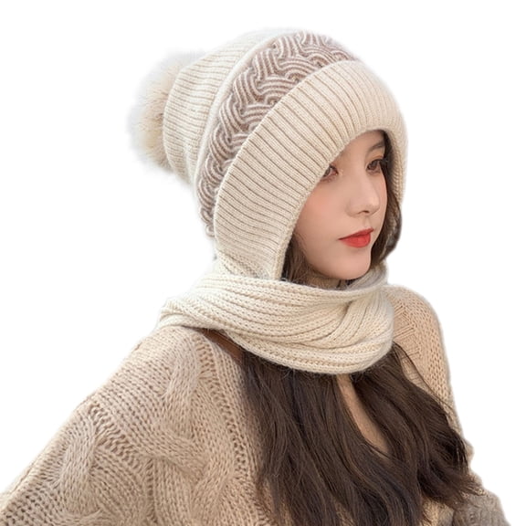 Santa Hats Women Solid Integrated Ear Windproof Hat Scarf Hooded Scarf Winter 2 In 1 Scarf Knitted Hat