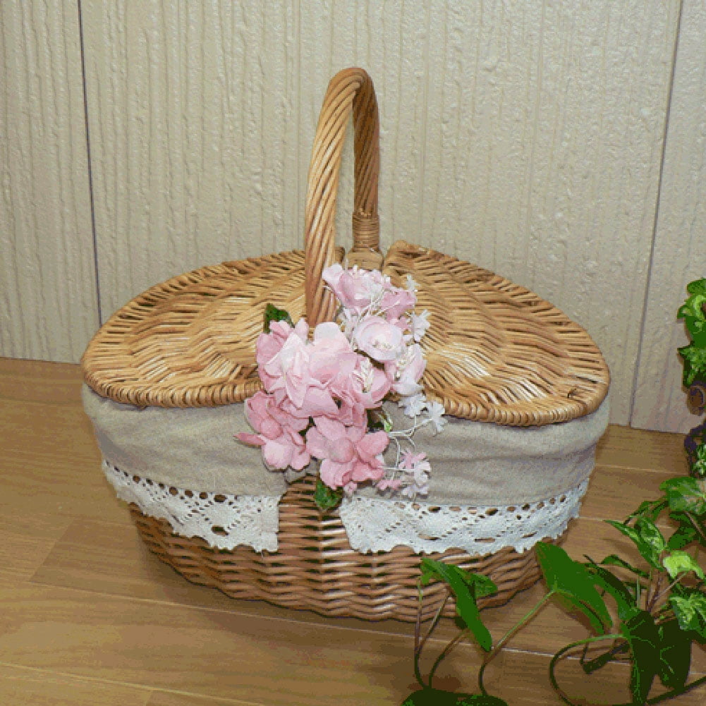 Large Wood Color Handmade Wicker Picnic Basket Camping Shopping Storage Hamper with Double Lid and Handle 