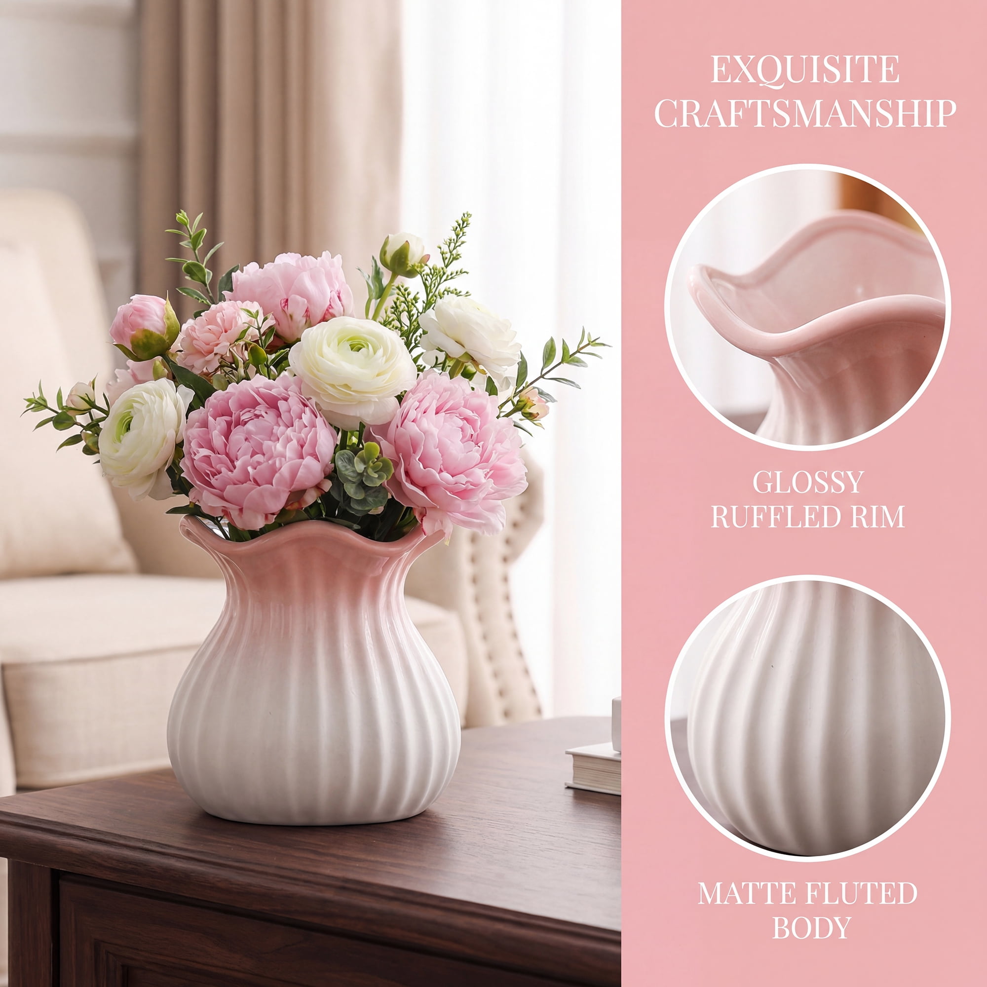 Unique Bargains Ceramic Cube Ribbed Textured Flower Vase Pink 4.7" x 4.7" x 4.7"
