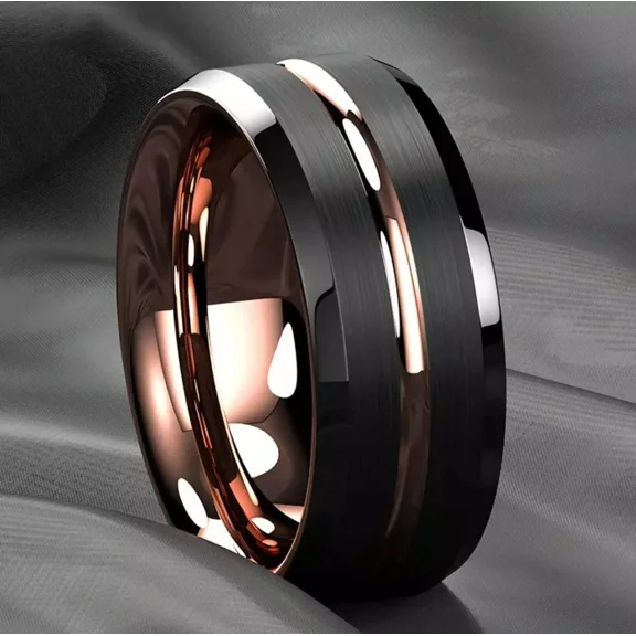 Men's 8mm Tungsten Brushed Black Rose Gold Grooved Comfort-Fit Wedding Band