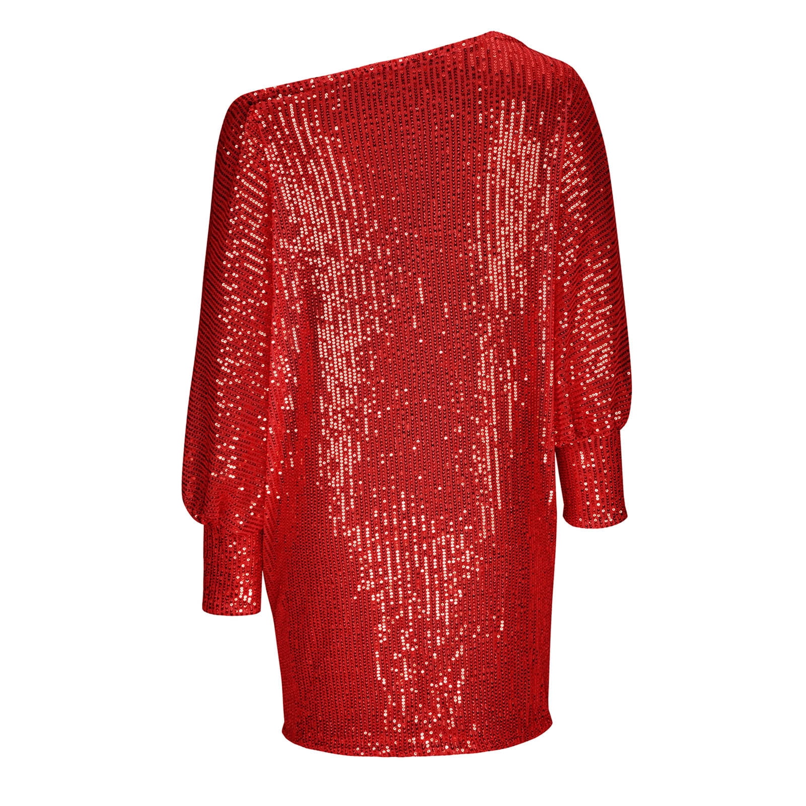 safuny Women's Above Knee Party Dress Solid Sequins Shiny Trendy One Shoulder Winter Elegant Cocktail Evening Holiday Long Sleeve Autumn Dresses Red L