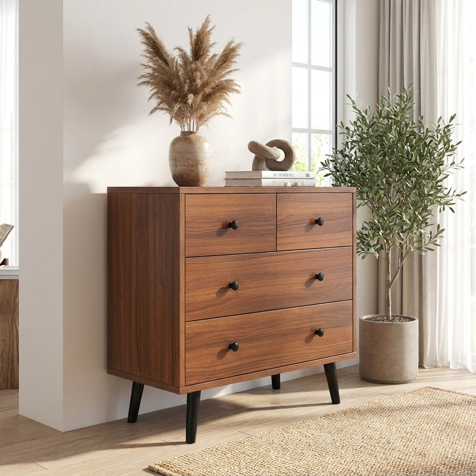 Furnibear Wide Wooden Dresser with 4 Drawers for Bedroom Living Room for Bedroom Closet Living Room Nursery Clothes Storage, Walnut