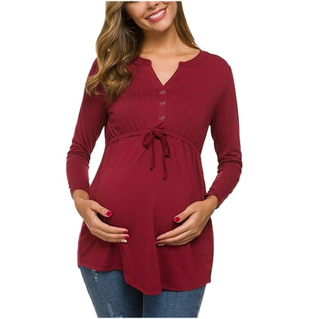 

Maternity Henley V Neck Blouse Pregnant Women Dressy Button Tunic Tops Long Sleeve Drawstring Waist Peplum Shirts