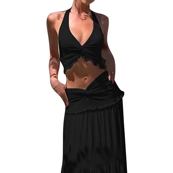 Women'S Maxi Skirt Set 2 Piece Outfits Sleeveless Strap Top Maxi Skirt Vacation Skirt Set