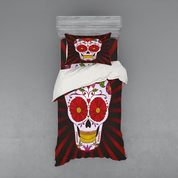 Sugar Skull Duvet Cover Set, Catrina Inspired Art of Skull Dead Head with Ornate Flowers Remembrance Theme, Bedding Set with Shams and Fitted Sheet, 3 Sizes, by Ambesonne