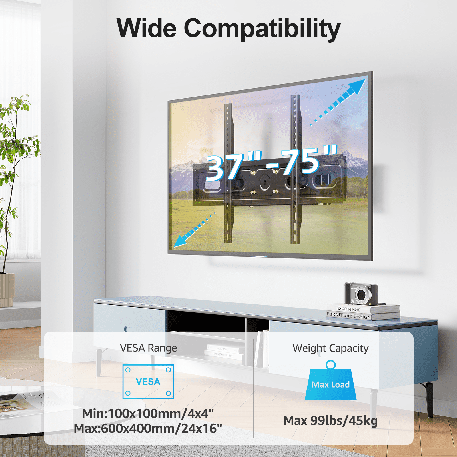 HOMOUNT Full Motion TV Wall Mount for 37-75 Inch TVs, Holds up to 99lbs, Wall Mount Bracket Max VESA 600x400mm, Fit 12" 16" Wood Stud