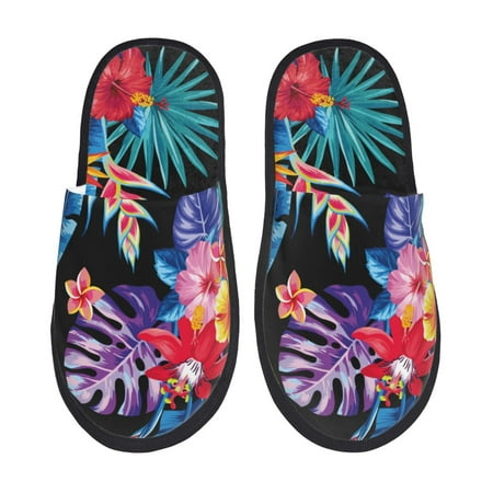 Balery Tropical Palm Leaves Slient Indoor Furry Fleece Comfort House Shoes Soft Non-Slip Home Shoes Cotton slippers House Slippers-- Medium
