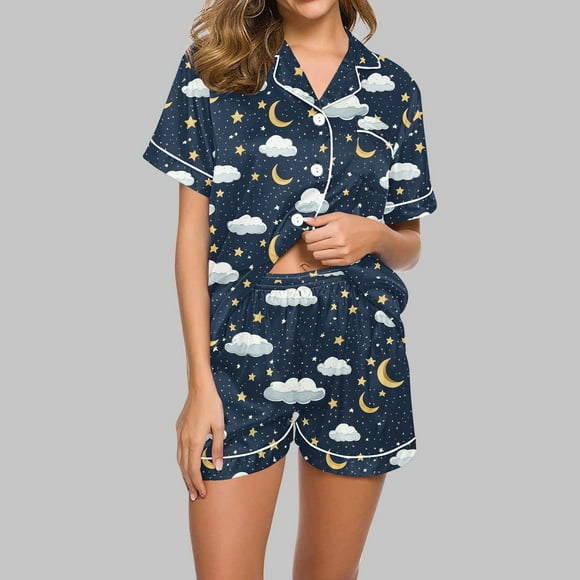 Sentmoon 2 PCS Pijamas for Women Set Collar Night Shirts for Women Short Sleeve Relaxed Fashion Print Sleep Wear Set for Women for Halloween Parties XL