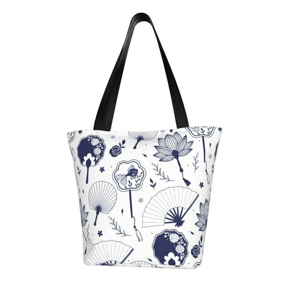 TEQUAN Reusable Shoulder Tote Bags, Fashion Chinese Floral Fans Prints Polyester Casual Shopping Grocery Bag for Women