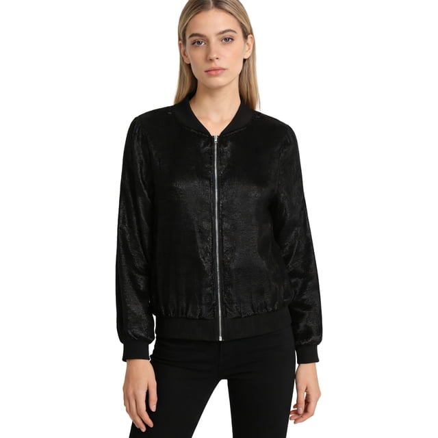RUNQHUI Blouson Bomber pour Femme Léger Court Manteau Décontracté à Col Montant avec Fermeture Éclair Noir m