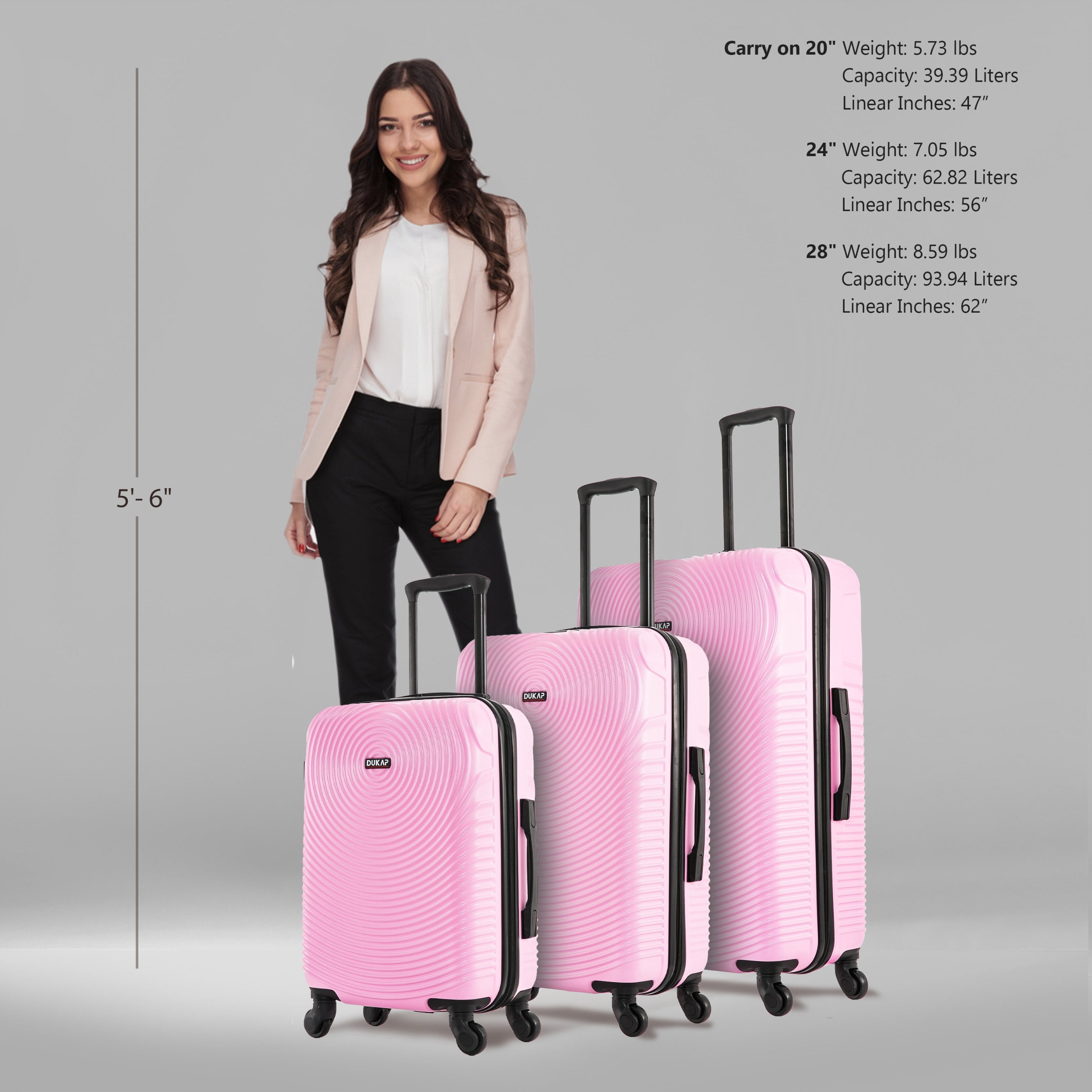 DUKAP Inception 3-Piece Hardside Luggage Sets with Spinner Wheels, Handle and Trolley, (20"/24"/28"), Pink