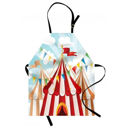 Blue Bib Apron Circus Apron Circus Stripes Sunshines Through Cloudy Sky Traditional Performing Arts Theme, Unisex Kitchen Bib Apron with Adjustable Neck for Cooking Baking Gardening, Blue White Red, by Ambesonne ()