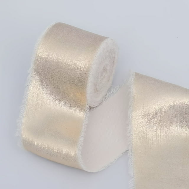 AMERTEER 2pcs ”Chic” Shimmering Golden Chiffon Ribbon 1.5” X 6 Yards - Frayed Edge For Bridal Bouquets Gift Wrapping & Wedding Decor Crafts - Available In Light Brown Pink Champagne