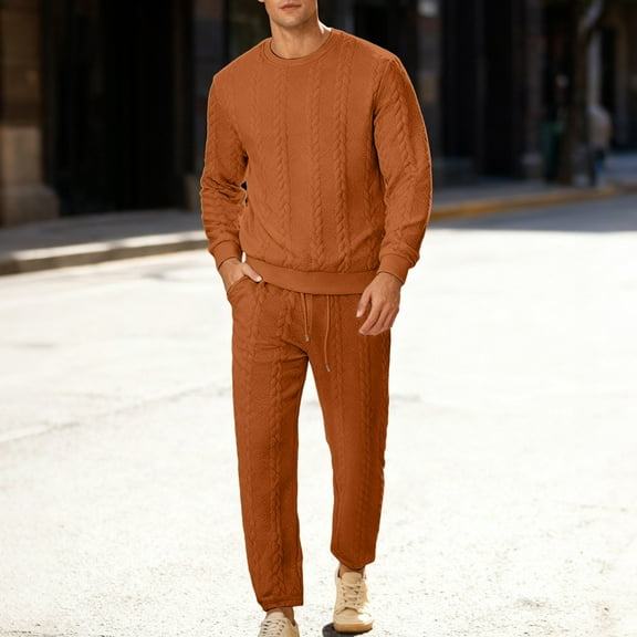 Mens Sweaters Quarter Zip Pullover Mens Quilted Sweatshirt and Pants Set (Orange XXL)