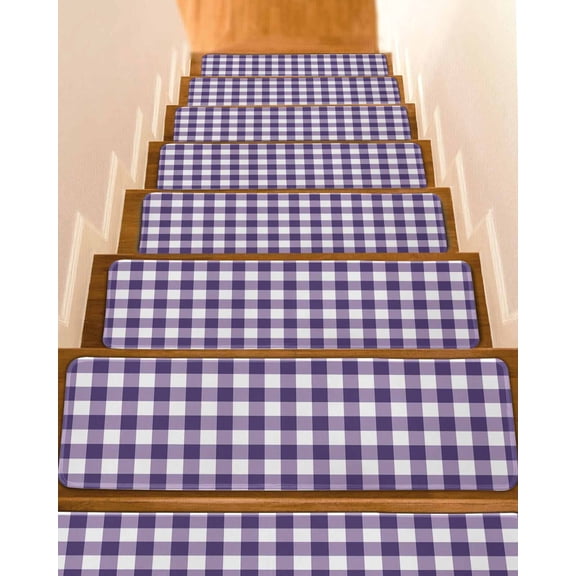 Stair Treads for Wooden Steps, Purple Checkered Peel and Stick Stair Treads with Reusable Adhesive, Farmhouse Buffalo Plaid Non Slip Indoor Stairs Runner Rugs Mats for Elders Dogs 8"x30" 10PCS