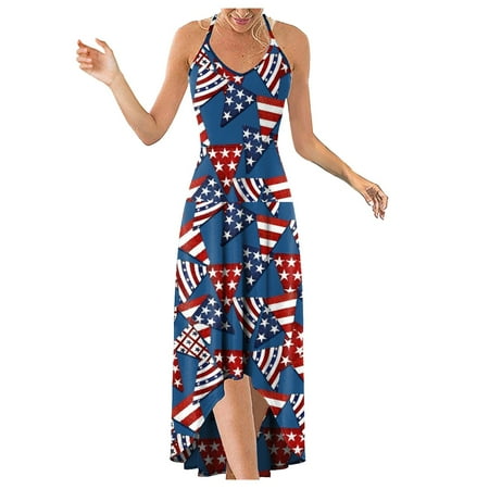 

Hvyesh Womens Summer Dresses 2023 Casual Beach Maxi Dress American Flag Print Round Neck Sundresses Spaghetti Strap Sleeveless Bohemian Dresses Blue