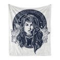 thumbnail image 1 of Ethnic Soft Flannel Fleece Throw Blanket, Woman Portrait with Occult Motifs Bird Blooming Rose Background, Cozy Plush for Indoor and Outdoor Use, 50" x 70", White and Dark Blue, by Ambesonne, 1 of 6