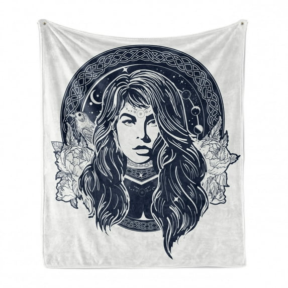 Ethnic Soft Flannel Fleece Throw Blanket, Woman Portrait with Occult Motifs Bird Blooming Rose Background, Cozy Plush for Indoor and Outdoor Use, 50" x 70", White and Dark Blue, by Ambesonne