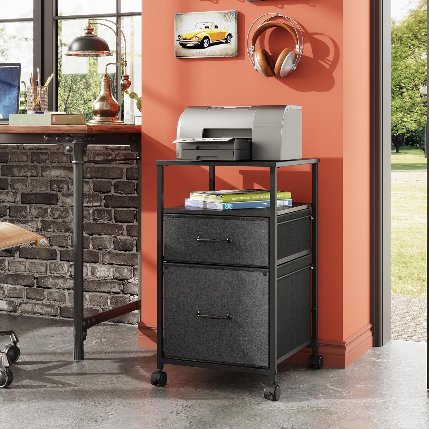 2 Drawer Mobile File Cabinet, Rolling Printer Stand with Open Storage Shelf, Fabric Vertical Filing Cabinet fits A4 or Letter Size for Home Office
