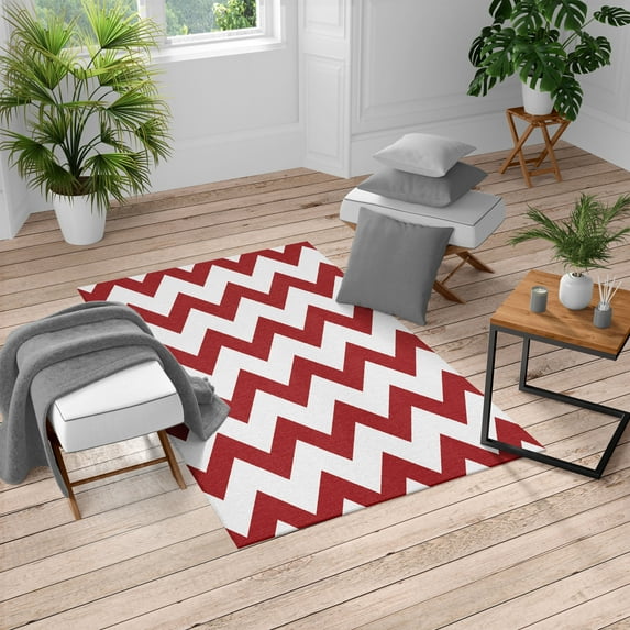 Shapes Turkish Area Rug, Chevron Pattern Classic Geometrical Horizontal Zig Zag Stripes Retro Artwork, Soft Carpet for Living Room Decor with Distressed Look, 4' X 5.7', Red Ivory, by Ambesonne