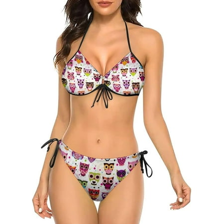 SKQIT Women s Two Piece Bikini Swimsuit  Cute Owl Print Sexy Swimwear Halter String Triangle Bikini Sets