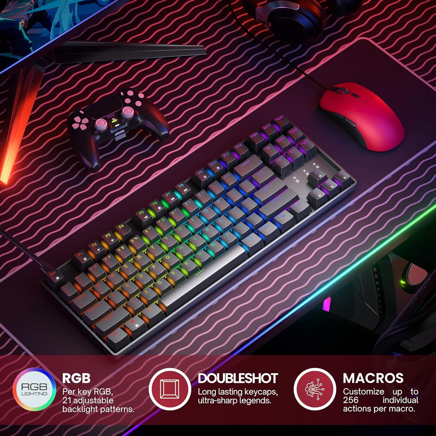 HK GAMING GK80 TKL Tenkeyless | Hot Swappable Mechanical Gaming Keyboard | 87 Keys Multi Color RGB LED Backlit for PC / Mac Gamer | ANSI US American Layout ( Black , Mechanical Red )