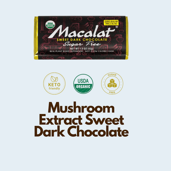 Macalat Organic Mushroom Extract Dark Chocolate Bars, 4 Bars, Sugar-Free, Gluten-Free