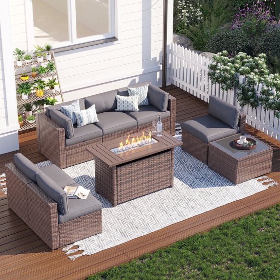 Clouddwell Patio Furniture Sets with Fire Pit Table, Rattan Outdoor Sectional Sofa Set, Wicker Patio Conversation Set for Backyard(Waterproof Cover Included)