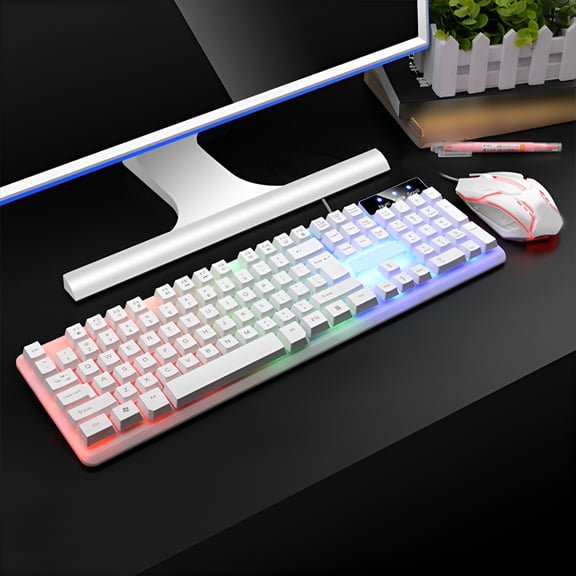 GJX Luminous Wireless Keyboard Mouse Set,Mechanical Feel Gaming Keyboard with Rainbow Backlight,104 Key Suspended Keyboard Ergonomic Mouse for Pc Gaming Office,White